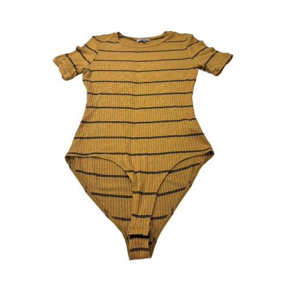 Charlotte Russe Mustard Yellow Striped Ribbed Knit Short Sleeve Bodysuit Size M - Picture 5 of 9